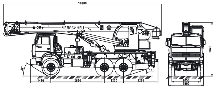 Габаритные размеры автокрана КС-45721-24 на шасси КАМАЗ-43118